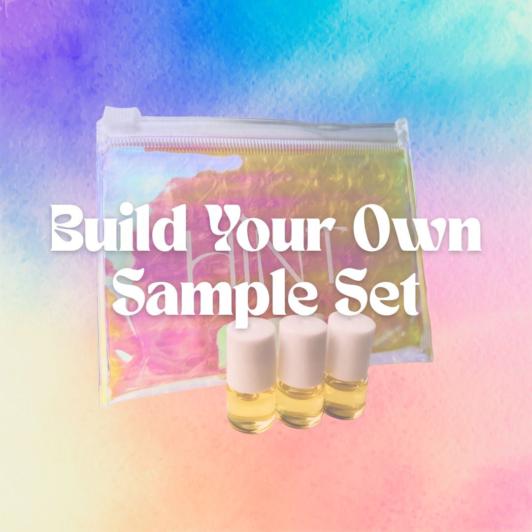 Three small bottles with a iridescent pouch on a colorful gradient background with text 'Build Your Own Sample Set'.