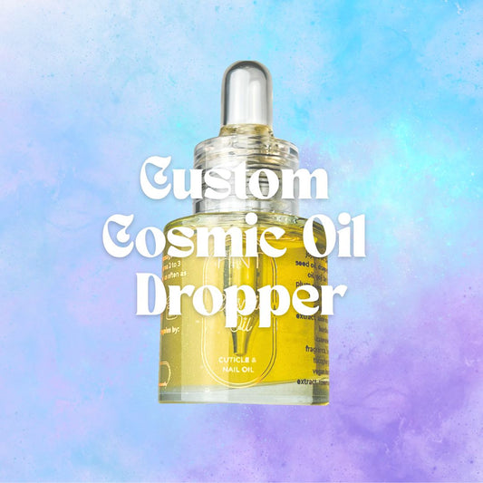 Cosmetic oil dropper with text 'Custom Cosmic Oil Dropper' on a colorful gradient background